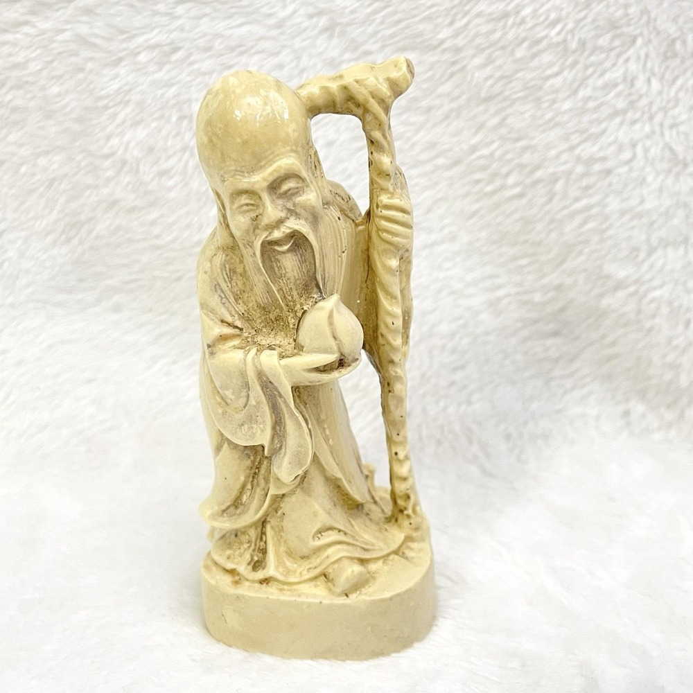 Vintage Standing Chinese Asian Deity Shou Xing Ivory Color Resin Figurine 4"